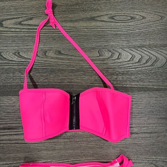 NWOT Jacques Designs Bathing Suit Zipper Front Strappy Back Bikini Pink Small - Picture 3 of 5